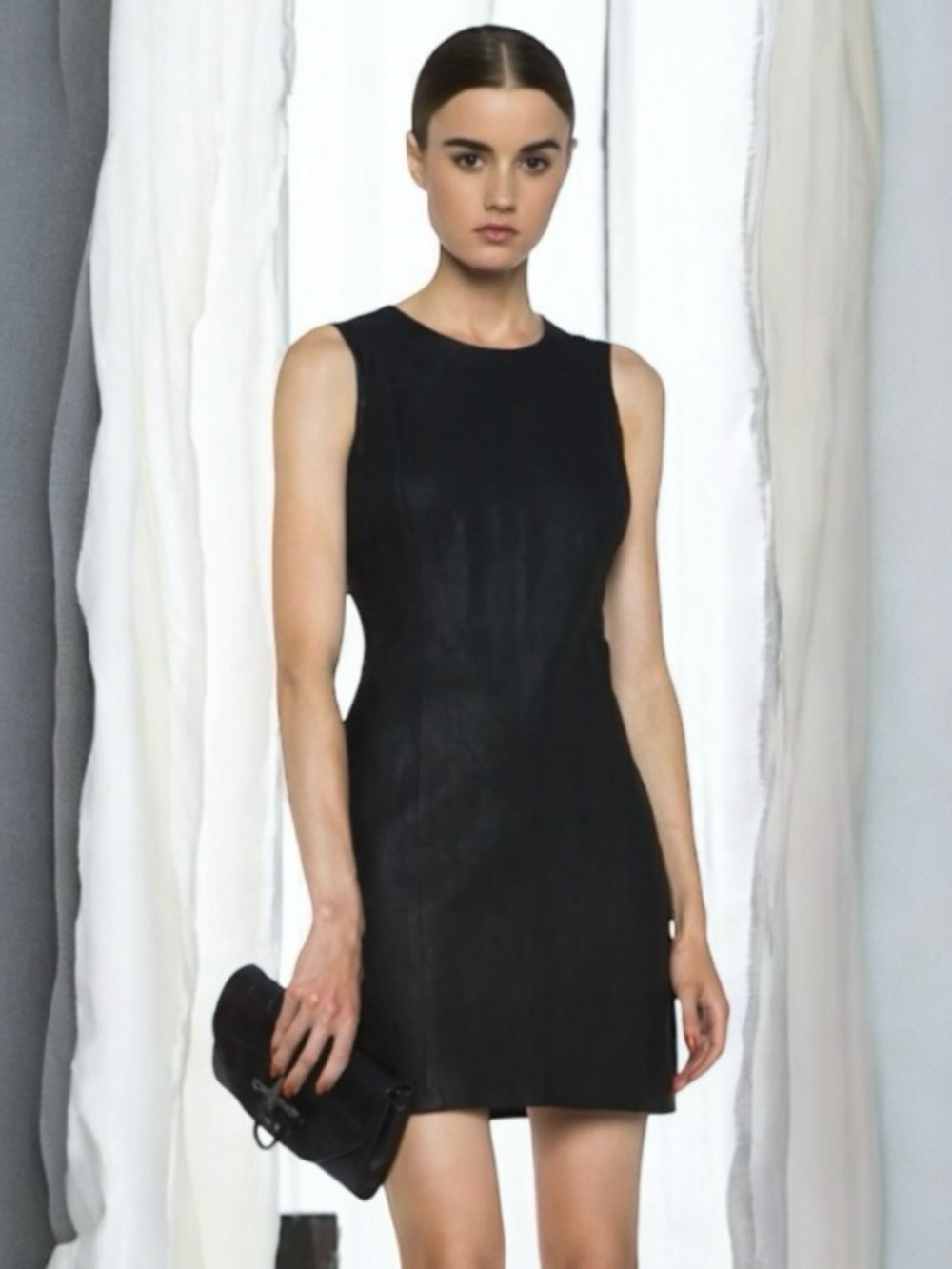 ππTheyskens Theory Lambskin Sleeveless Embroidery Stitching Mini Dress β’ Black